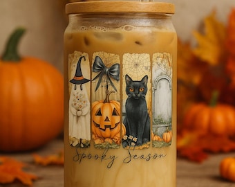Bicchiere con cannuccia a forma di gatto di Halloween con coperchio in bambù: tazza da caffè freddo spettrale