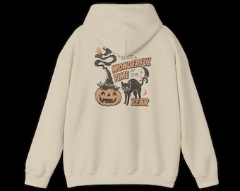 Vintage Halloween sweat à capuche ou sweat-shirt rétro des années 90 effrayant chat noir citrouille automne sweat-shirt