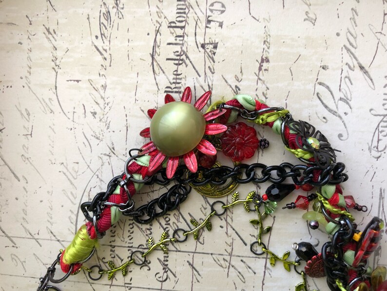 Red and green summer bee asymmetrical necklace with vintage buttons and bits!