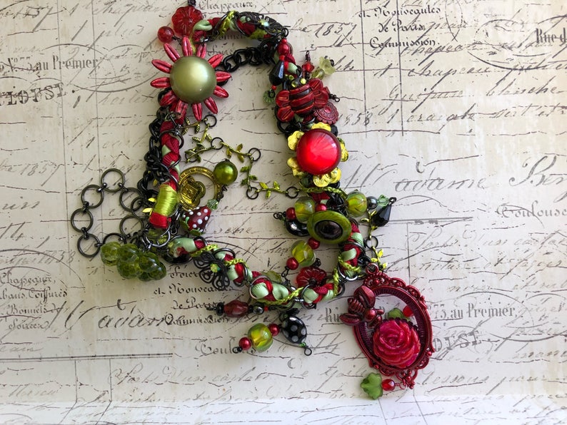 Red and green summer bee asymmetrical necklace with vintage buttons and bits!