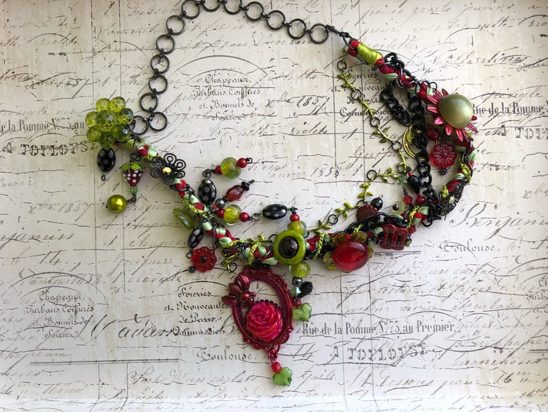 Red and green summer bee asymmetrical necklace with vintage buttons and bits!