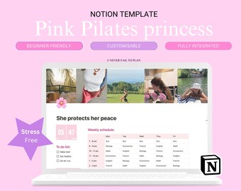 Pink pilates princess themed notion planner template, Aesthetic notion planner, All in one life planner, Simple and easy to use digital plan