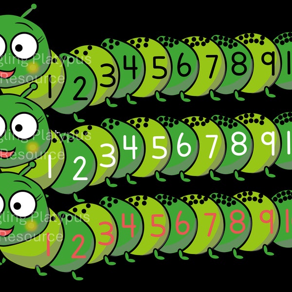 Candi Caterpillar Counts to 10. Eight counting PNG files in English and Spanish