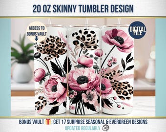 Leopard Hot Pink Floral PNG Black and White, Pink Flower Tumbler Wrap, Tumbler Wrap 20 oz Skinny Tumbler Sublimation Design Digital Download