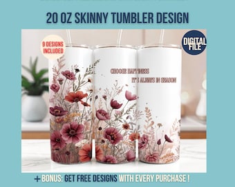 Autumn Wildflowers Burgundy PNG, Watercolor Fall Wildflower PNG, Autumn Watercolor Flower PNG Designs Tumbler Wrap 20 oz Skinny Tumbler