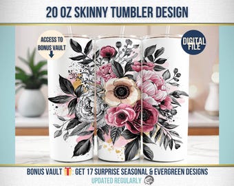 Hot Pink Leopard Print Tumbler Wrap, Pink Flower Tumbler Wrap, Leopard Pink Floral Black and White 20 oz Skinny Tumbler Sublimation Design