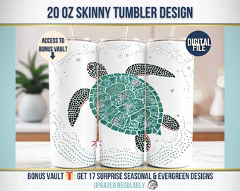 Könnte beinhalten: Weißes 20-Unzen-Skinny-Becher-Design mit einer Meeresschildkröte mit einem teal- und schwarzen Muster. Der Becher hat einen Strohhalm und ist mit einem gepunkteten Wellenmuster verziert. Der Text auf dem Becher lautet "20 OZ SKINNY TUMBLER DESIGN".