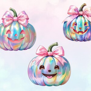 three colorful, whimsical pumpkins with bows on their heads, each with a unique face design.