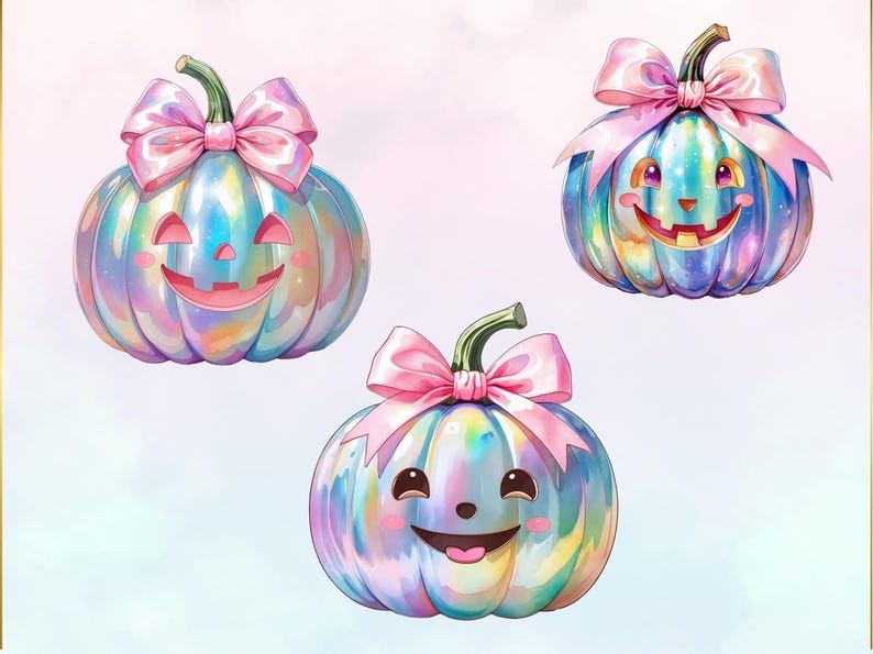 three colorful, whimsical pumpkins with bows on their heads, each with a unique face design.