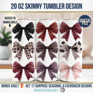 Grazioso copri bicchiere Coquette, fiocchi rosa leopardati gotici da 20 once, design a sublimazione sottile, bicchiere PNG di tendenza, copri bicchiere digitale