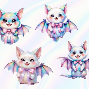 A group of four adorable, colorful bats with bows around their necks, each with a unique expression and pose.