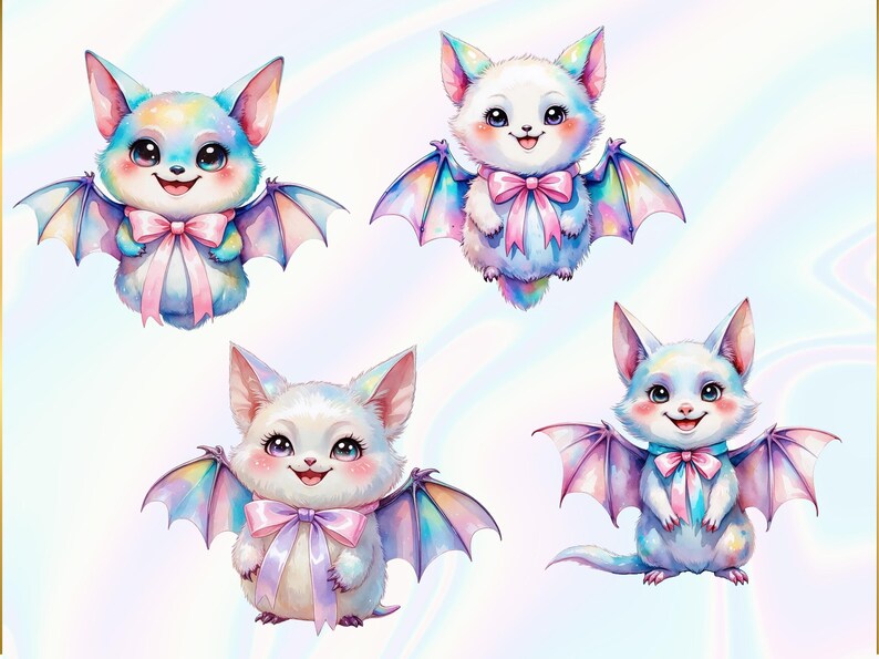 A group of four adorable, colorful bats with bows around their necks, each with a unique expression and pose.