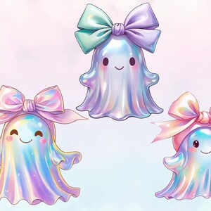 three whimsical, colorful ghost characters with bows on their heads, each with a unique expression and pose.