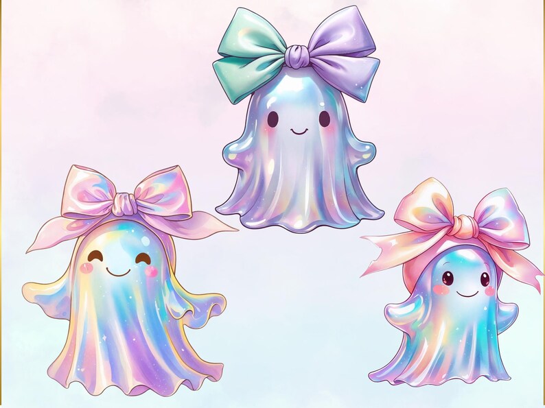 three whimsical, colorful ghost characters with bows on their heads, each with a unique expression and pose.