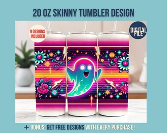 Neon Floral Ghost PNG: Spooky Halloween Tumbler Sublimation Design (Digital Download)