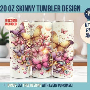 Envoltura para vaso delgada de 20 oz con diseño de sublimación, diseño floral sin costuras y mariposas, descarga digital PNG instantánea, SOLO DIGITAL