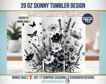 Diseño de flores silvestres para vaso, diseño floral oscuro y elegante para vaso delgado de 20 oz, diseño para sublimación, descarga digital PNG instantánea (solo digital).