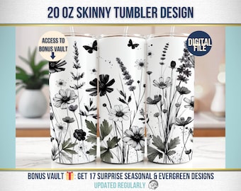 Diseño de flores silvestres para vaso, diseño floral oscuro y elegante para vaso delgado de 20 oz, diseño para sublimación, descarga digital PNG instantánea (solo digital).