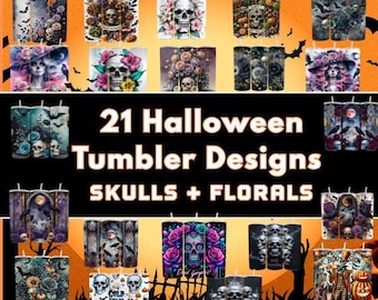 Zuckerschädel Tumbler Wrap Bundle, Schädel Rosen Blumenskelett PNG, Halloween Horror Bat Zombie Tumbler Wraps, Gothic Floral Digital Download