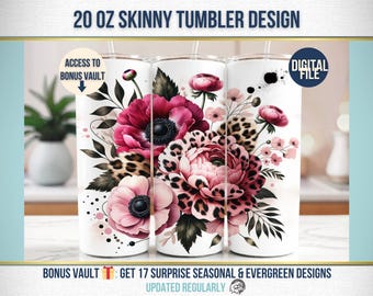 Hot Pink Leopard Print Tumbler Wrap, Leopard Pink Floral PNG Black and White, Pink Flower Tumbler Wrap, 20 oz Skinny Tumbler Sublimation