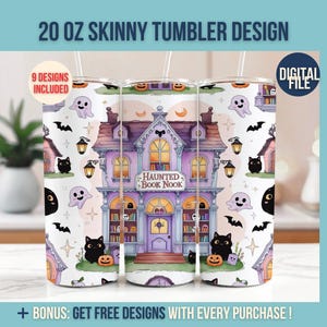 Haunted Fall Bookstore PNG, Trendy Cute Halloween Spooky Ghosts Cozy Bookish Library Sublimation Design for Stickers and Shirts Tumbler Wrap