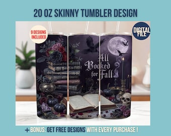 Gebucht für den Herbst PNG, Dark Goth Buch-Liebhaber, Bücherwurm Herbst Digital Design, Herbst lesen gemütliche Bücherwurm Sublimation Download Tumbler Wrap