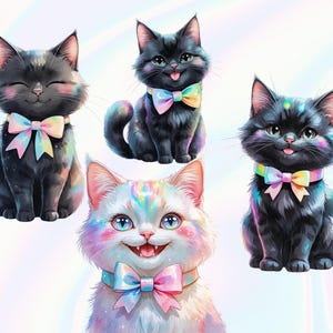 A group of four cats with bow ties, each with a unique expression and pose, creating a whimsical and colorful scene.