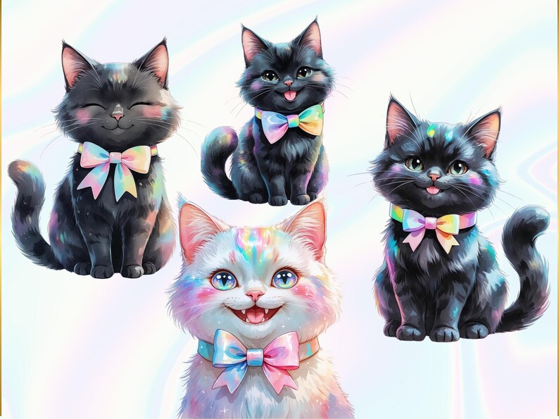 A group of four cats with bow ties, each with a unique expression and pose, creating a whimsical and colorful scene.