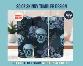 Gothic Black Floral Skull Tumbler Wrap: 20oz Skinny Tumbler (PNG Digital Download)