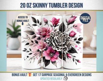 Hot Pink Leopard Print Tumbler Wrap, Leopard Pink Floral PNG Black and White, Pink Flower Tumbler Wrap, 20 oz Skinny Tumbler Sublimation