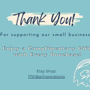 The image is a graphic with a blue background and white text. The text is a message expressing gratitude for supporting small businesses, and it encourages people to enjoy a complimentary gift with every purchase. The image also includes a logo for an Etsy shop and a wolf logo.