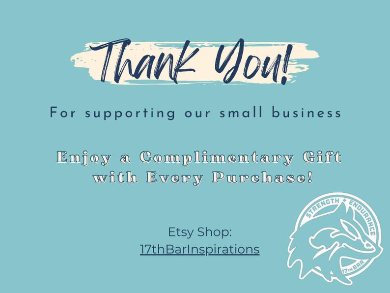 The image is a graphic with a blue background and white text. The text is a message expressing gratitude for supporting small businesses, and it encourages people to enjoy a complimentary gift with every purchase. The image also includes a logo for an Etsy shop and a wolf logo.