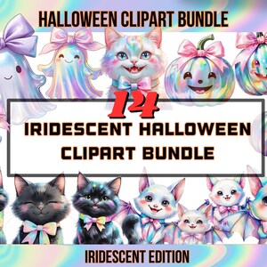 The image is a Halloween-themed clipart bundle featuring various colorful and whimsical Halloween-related elements, including cats, pumpkins, and ghost characters.