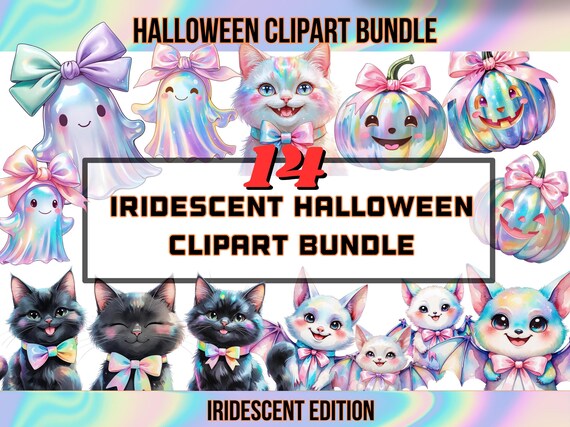 Iridescent Halloween Clipart Bundle: Spooky Kawaii PNG Designs (Digital Download
