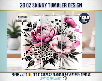 Hot Pink Leopard Print Tumbler Wrap, Pink Flower Tumbler Wrap, Leopard Pink Floral Black and White 20 oz Skinny Tumbler Sublimation Design