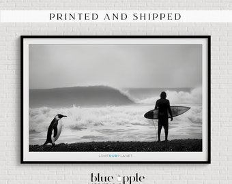 Surfer and Penguin Poster: Black and White Ocean Art