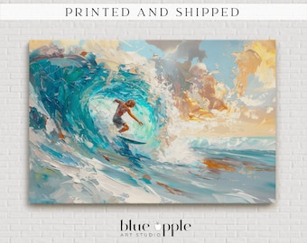 Vibrant Surfing Canvas Art: Impressionist Palette Knife Painting