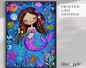 Happy Mermaid Art Print | Colourful Nursery, Girls Room Decor