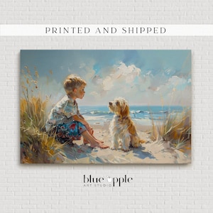 Delightful Oil Painting Print on Canvas - &quot;Mates&quot; - Boy & Dog on Beach, Heartwarming Coastal Art, Beach House Decor, Happy, Cute Beach Scene
