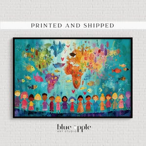 May include: A framed art print featuring a colorful world map with diverse illustrations of fish, plants, and hearts. Children of various ethnicities stand at the bottom, holding hands. The text "blue apple ART STUDIO" is visible.