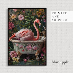 Boho Flamingo Bathtub Poster - Fun Bathroom Wall Art Maximalist Decor Original Playful Print for Quirky Home Décor Framed Print or Canvas