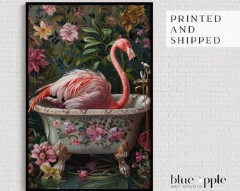 Boho Flamingo Bathtub Art Print: Quirky Bathroom Maximalist Decor
