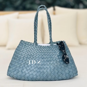 Morandi Blue, styl francuski 100% oryginalna skóra bydlęca tkana ręcznie vintage granatowa torba na ramię, miękka skórzana torba, skórzana torba wakacyjna tkana