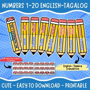 NÚMERO 1-20 INGLÊS-TAGALOG Tradução, Educação Elementar, Pré-escola, Jardim de Infância, Alunos da 1ª série, Cartões de Correspondência, Números em Palavras e Figuras