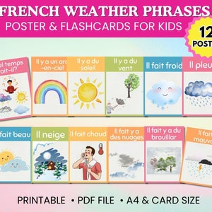 Flashcards phrases météo en français – Déco colorée pour affiches de classe et tableaux d'affichage pour enfants | Vocabulaire météorologique français imprimable