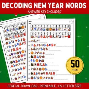 May include: Two printable worksheets for decoding New Year words, with an answer key included. The worksheets feature a code with symbols representing letters, and a section to write the decoded words. The image also includes the text "DIGITAL DOWNLOAD • PRINTABLE • US LETTER SIZE".