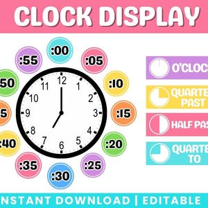 Classroom Clock Display Labels Printable Display, Editable in Canva, Bright Pastel Classroom Telling Time Decor, PDFs Teacher Templates