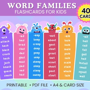Tarjetas fonéticas de palabras CVC: imprimibles para aprender a leer para niños de jardín de infantes y niños pequeños / Listas imprimibles de familias de palabras CVC