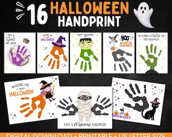 May include: A digital download featuring 16 Halloween handprint art projects. Designs include a witch, Frankenstein, a ghost, and a mummy, with phrases like "Happy Halloween" and "I put a spell on you." The artwork is US Letter size.