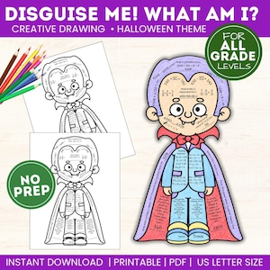 May include: A printable Halloween-themed maths worksheet featuring a vampire character with maths problems on its body. The text reads DISGUISE ME! WHAT AM I?, CREATIVE DRAWING, HALLOWEEN THEME, FOR ALL GRADE LEVELS, NO PREP, INSTANT DOWNLOAD, PRINTABLE, PDF, US LETTER SIZE.